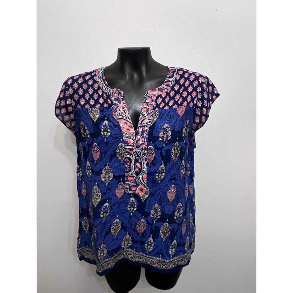 Lucky Brand cap sleeves rayon blue mixed print v-neck 1/2 button Boho gypsy sz M